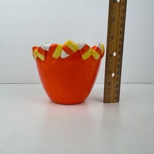 Halloween Candy Corn Border Small Round 3D Planter Glaze Orange Ceramic Handwash